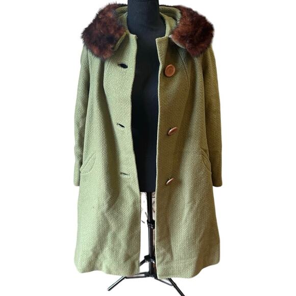 Rare Vintage 1950s - 60s  Bettyjean Green Swing Coat Real Fur Collar SZ. 8 MCM - Picture 15 of 16